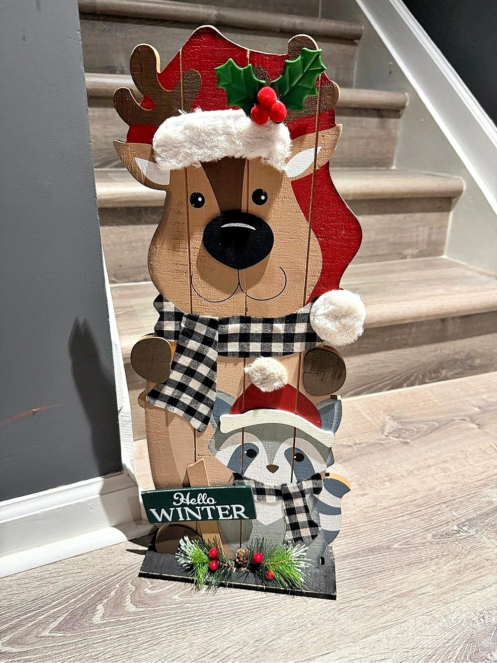23” Christmas Reindeer Raccoon Wooden Decor Hello Winter NWT